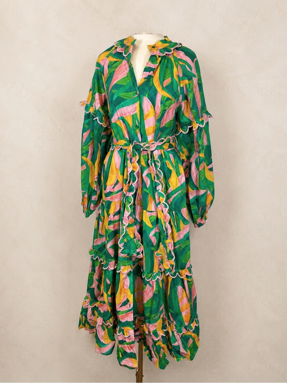Vibrant Green Tropical Print Ruffle Dress